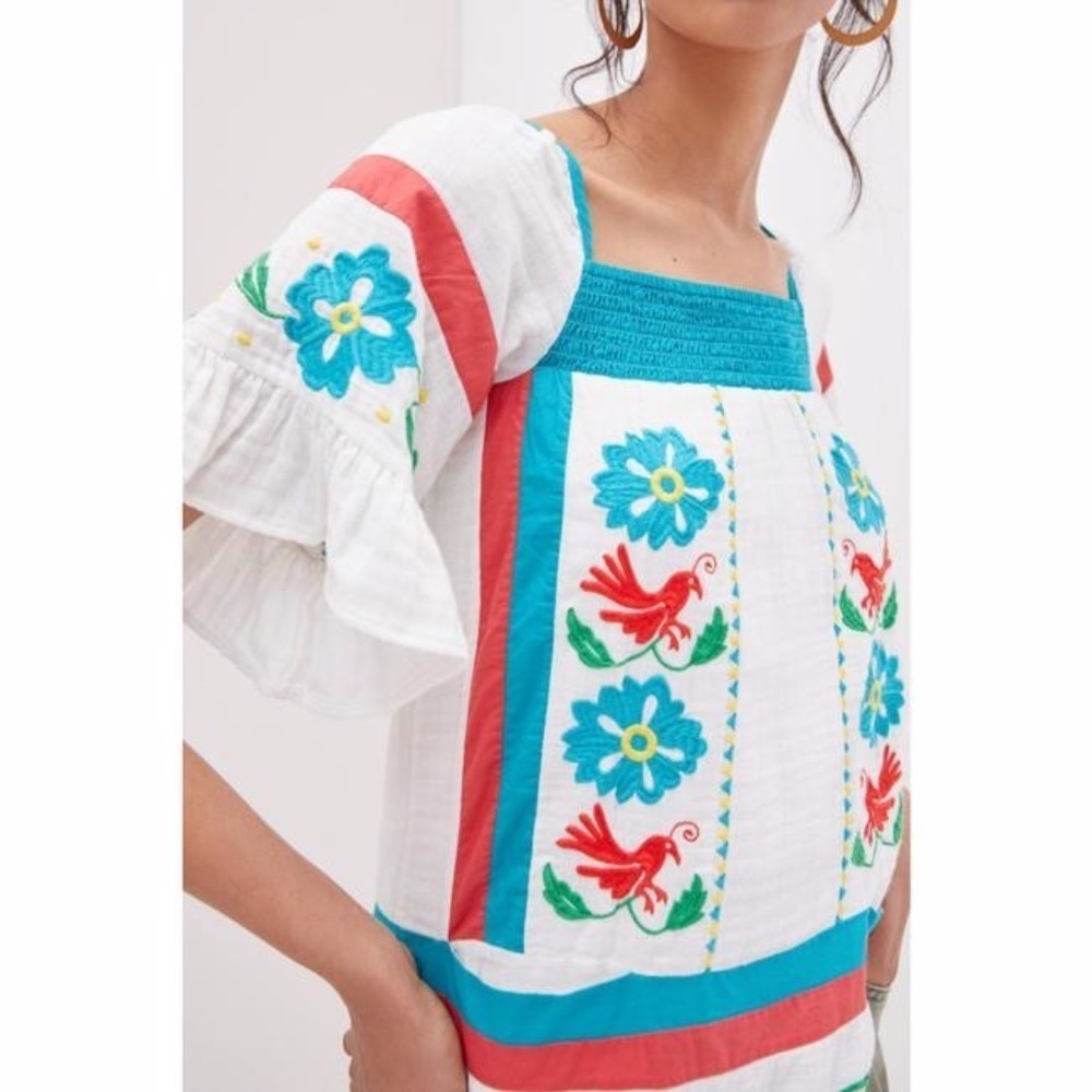 Anthropologie | Seen Worn Kept Embroidered Top Women 10 White Bell Sleeve